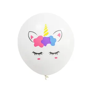 Close-up of white unicorn balloon with colorful floral crown and cute facial features