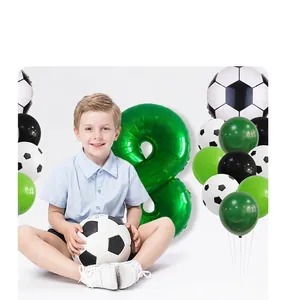 Soccer birthday set featuring green number 8 foil balloon and football printed latex balloons