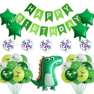 Dinosaur birthday party decoration set with green foil balloons and happy birthday banner