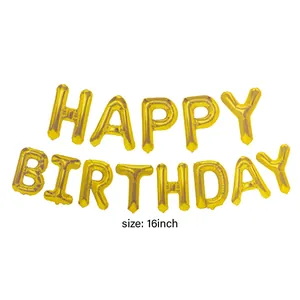 Golden 16-inch metallic foil balloons forming Happy Birthday letters on white backdrop