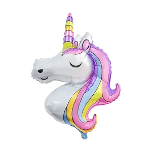 Unicorn head foil balloon with rainbow mane for children birthday party decorations