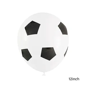 Close-up of 12-inch latex balloon with classic black and white soccer pattern design