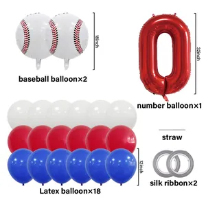 Detailed components of baseball party balloon set with number zero and latex balloons