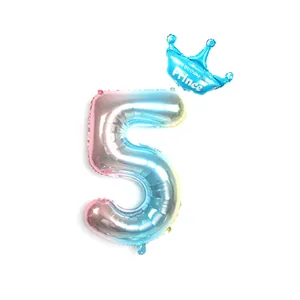 32-inch gradient rainbow number 5 balloon with a blue Happy Birthday Prince crown