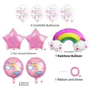 Rainbow cloud and pink star foil balloon party kit with confetti latex balloons and ribbon