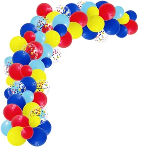 Kit de arco de globos en forma de L con globos rojos, amarillos, azules y con confeti