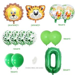 Jungle safari animal birthday balloon set with lion, tiger and green number zero