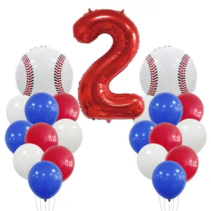 Detailed view of number 2 foil balloon with baseball theme balloons and latex party set