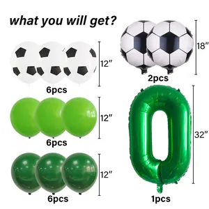 Contents list of football party balloons including latex and green number 0 foil balloon