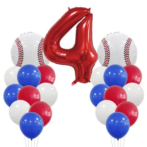 Baseball themed 4th birthday party kit with red number four and athletic balloons