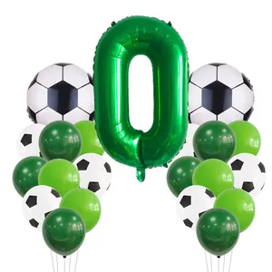 Detail view of soccer themed party set with green number 0 foil and latex balloons
