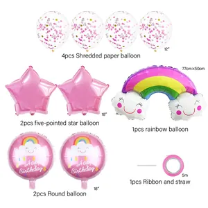 Rainbow cloud balloon set with sequins and pink stars for birthday party decorations