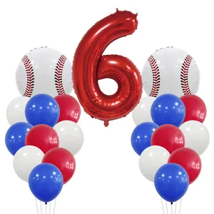 Baseball themed 6th birthday party balloon set with red number 6 and sports foil balloons