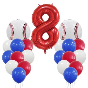 Baseball 8th birthday balloon set with red number 8 and sports themed decorations