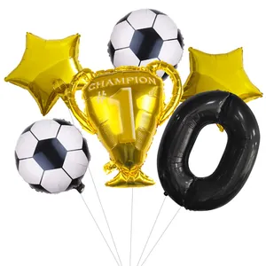 Golden champion trophy balloon set with footballs and large black number zero balloon