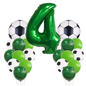 Detailed view of green number 4 balloon and soccer theme latex balloons for 4th birthday
