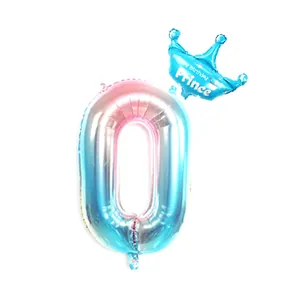 Gradient pink and blue number 0 foil balloon set with a blue prince crown for birthdays