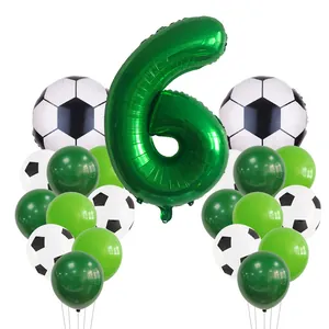 Close-up of green number 6 foil balloon with football printed latex balloons set