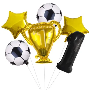Detailed set of 6 soccer theme foil balloons including champion trophy and number one