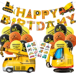 Kit anniversaire chantier avec ballons pelleteuse et bannière Happy Birthday déco
