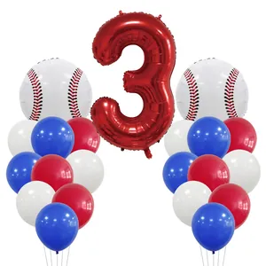 Baseball Theme Birthday Party Decoration Aluminum Foil Number Balloons With Red White Blue Latex Balloons For Kids Celebration
