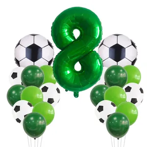Soccer party decoration set with green number 8 balloon and football foil balloons