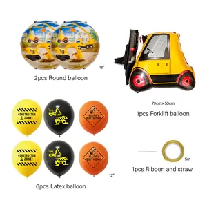 Detail van de bouwfeest ballonset met vorkheftruck en bedrukte latex ballonnen set