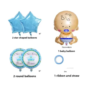 Vue détaillée du lot de ballons Baby Shower New Little Prince avec étoiles et bébé