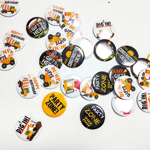 Construction theme tinplate pin badges for children's birthday party favor decorations
