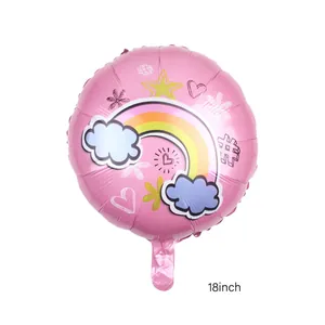 Close-up of 18-inch pink foil balloon with rainbow clouds and star patterns