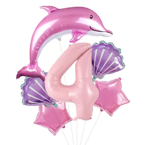 Détail du kit de 7 ballons thème océan pour 4ème anniversaire avec dauphin et coquillages