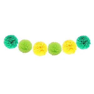 Σετ με έξι πολύχρωμα χάρτινα pom-poms σε πράσινο και κίτρινο για διακόσμηση πάρτι