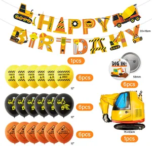 Set festa di compleanno a tema cantiere con striscioni, palloncini e palloncino escavatore