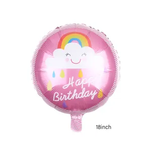 Detail of 18 inch round birthday balloon with pink rainbow cloud and Happy Birthday text
