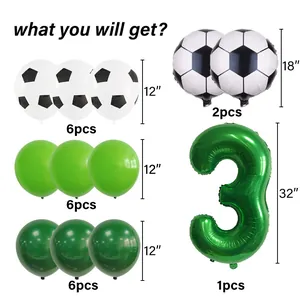Soccer party balloon set with green number 3 and 12-inch football print latex balloons
