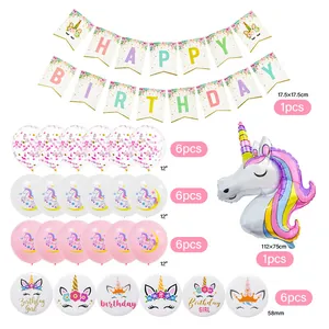 Unicorn Happy Birthday party set with banner, large foil balloon and colorful latex balloons