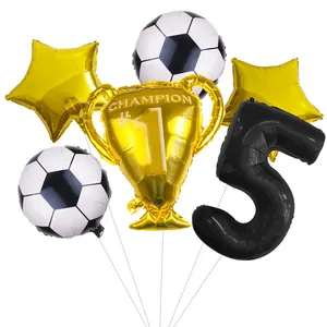 Detail of 6-piece football balloon set with golden champion trophy and number five