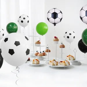 Soccer theme party balloon set with green and black latex balloons and foil footballs