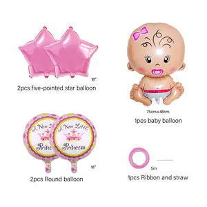 Kit de ballons Baby Shower rose avec grand ballon bébé fille et motifs couronne