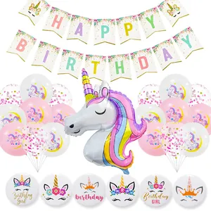 Unicorn Happy Birthday Decoration Kit With Banner Foil Balloon Latex Balloons And Badges For Kids Birthday Party Supplies