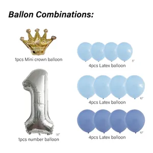 Blue and silver 1st birthday balloon set with 32 inch number one and golden crown