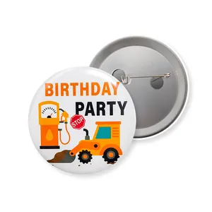 Front and back detail of tinplate construction theme birthday party pin buttons