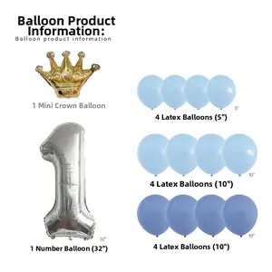 Flat lay of 1st birthday balloon set with silver number 1 and gold crown balloons