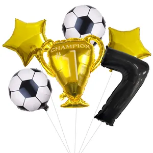 Detail of football balloon set with trophy and number seven for party decoration
