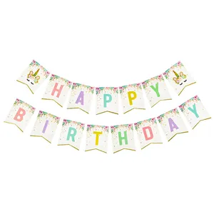 Unicorn Happy Birthday banner set with floral accents for party wall decoration