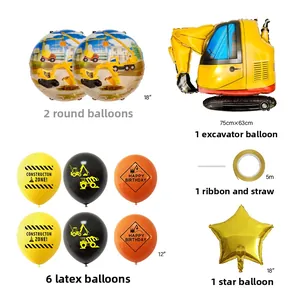 Bouwthema feestset met graafmachine folieballon en gekleurde latex ballonnen set