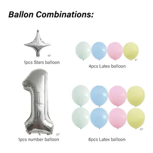 Silver number 1 foil balloon set with macaron latex balloons for birthday party decor