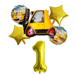 Forklift Engineering Vehicle Theme Birthday Balloon Bouquet Aluminum Foil Golden Star Number Shape Party Decoration For Kids Boys