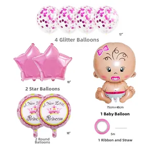 Kit de ballons baby shower rose avec grand ballon bébé, étoiles et ruban de satin