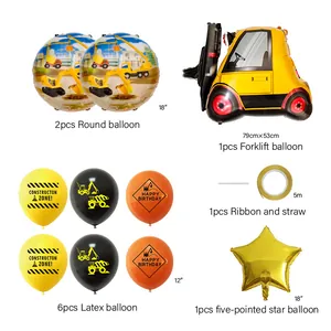 Bouwfeestpakket met graafmachine folieballonnen en kleurrijke latex ballonnen